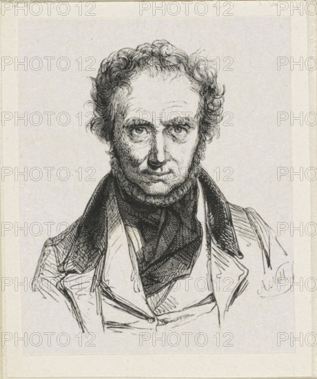 Portrait of IJ van Regemorter, print, printmaker: Adolphe Frédéric Nett, after drawing by Ignatius Josephus Van Regemorter, 1832 - c. 1900, paper, wood engraving, height 70 mm x width 56 mm, Person, historical persons, portrait, self-portrait of artist, A monochrome ink portrait of a man shown from the chest upward, featuring curly hair and sideburns, deep-set eyes with prominent brows, a straight nose, and a closed mouth; he wears a high-collared coat and a dark scarf or cravat visible at the neck, and the drawing is rendered with fine line shading on a textured pale background with a narrow border around the image.