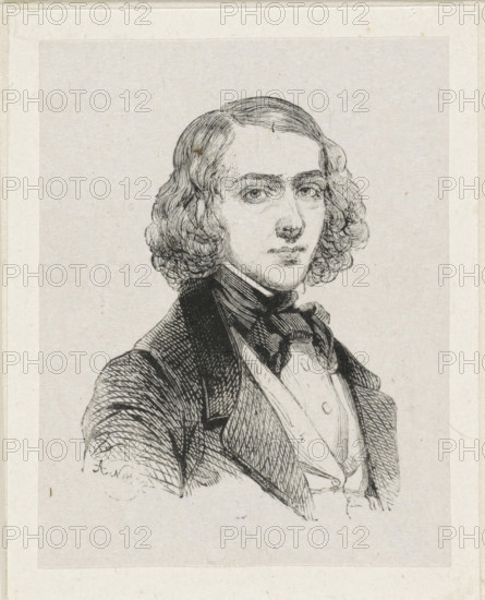 Portrait of Johannes Reekers, print, printmaker: Adolphe Frédéric Nett, after drawing by Coenraad Hamburger, 1832 - c. 1900, paper, wood engraving, height 67 mm x width 52 mm, Person, Johannes Reekers (I), historical persons, portrait, self-portrait of artist, A black and white engraved portrait of a young person shown from the chest up, with wavy shoulder-length hair, a smooth forehead, arched eyebrows, and a calm facial expression. The figure wears a high-collared shirt, a cravat tied at the neck, a waistcoat with visible buttons, and a dark jacket with textured hatching. The background is plain and light, and the image has a rectangular border with a wider margin around it.