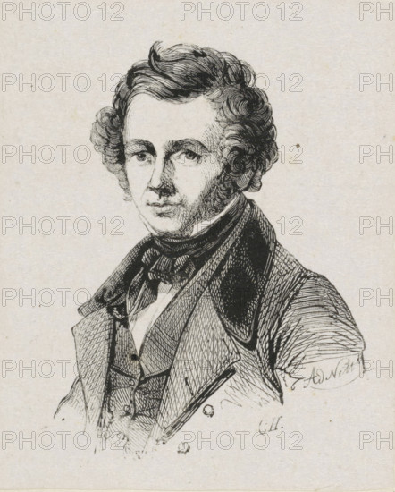 Portrait of Jan van Ravenswaay, print, printmaker: Adolphe Frédéric Nett, after drawing by Coenraad Hamburger, 1832 - c. 1900, paper, wood engraving, height 78 mm x width 63 mm, Person, Jan van Ravenswaay, historical persons, portrait, self-portrait of artist, A black ink line drawing of a man from the chest up on a light textured background, showing a face with wavy hair swept back and curled at the sides, arched eyebrows, and a neutral expression with visible eyes and a defined nose and mouth; he wears a high-collared shirt with a tied neckerchief beneath a waistcoat and a tailored coat with wide lapels, rendered with crosshatching and fine line shading.