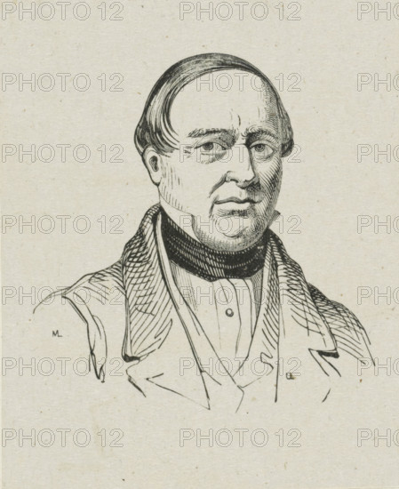 Portrait of Ludovicus Roelandt, print, printmaker: Monogrammist ML, after drawing by Félix De Vigne, c. 1800 - c. 1900, paper, wood engraving, height 65 mm x width 52 mm, Person, Louis Roelandt, historical persons, portrait, self-portrait of artist, A black ink line drawing on textured off-white paper shows the head and upper torso of a man with a high forehead and receding hairline, hair combed back over the sides of his head, arched eyebrows, detailed eyes, a straight nose, and closed lips. He wears a high dark collar around his neck and layered clothing including a buttoned shirt and an overcoat with a wide collar, the fabrics indicated by crosshatching and parallel lines. The background is plain paper with small flecks and the drawing style uses varied line weights to suggest shading and texture.