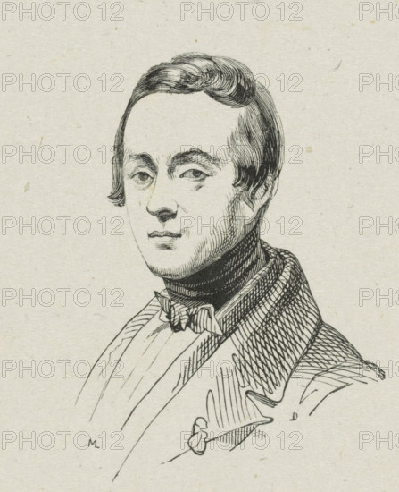Portrait of Louis Royer, print, printmaker: Monogrammist ML, after drawing by Henricus Wilhelmus Couwenberg, c. 1800 - c. 1900, paper, wood engraving, height 66 mm x width 55 mm, Person, Louis Royer, historical persons, portrait, self-portrait of artist, self-portrait of sculptor, A black ink line drawing of a man from the chest up on a textured light background, showing a smooth oval face with short swept hair, arched eyebrows, and narrow eyes, a straight nose, and a closed mouth. He wears a high dark collar beneath a bow tied at the neck and a patterned jacket with crosshatched shading on the lapel. The illustration uses fine parallel and curved lines to indicate shading and texture in the hair, collar, and clothing.