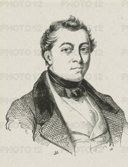 Portrait of James de Rijk, print, printmaker: Monogrammist ML, after drawing by Coenraad Hamburger, c. 1800 - c. 1900, paper, wood engraving, height 65 mm x width 51 mm, Person, James de Rijk, historical persons, portrait, self-portrait of artist, A black and white line drawing of a man shown from the chest up wearing a high-collared coat, waistcoat, and bow tie, with neatly styled hair swept back and a composed facial expression, rendered with crosshatching and fine lines on a textured light background.