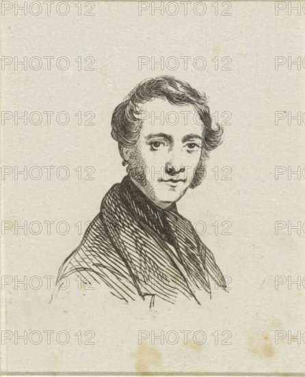 Portrait of Hendrikus van de Sande Bakhuyzen, print, after drawing by Hendrikus van de Sande Bakhuyzen, 1805 - c. 1910, printmaker, paper, wood engraving, height 82 mm x width 66 mm, Person, historical persons, portrait, self-portrait of artist, self-portrait of painter, A monochrome ink portrait of a young man shown from the chest up, with wavy hair styled away from his forehead and sideburns framing his face, expressive eyes, a straight nose, and a slight closed-mouth expression; he wears a dark, patterned scarf or cravat and a coat rendered with crosshatching, all set against a plain, textured paper background with a few small stains.