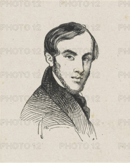 Portrait of Willem Hendrik Schmidt, print, printmaker: Monogrammist ML, after drawing by Willem Hendrik Schmidt, c. 1800 - c. 1900, paper, wood engraving, height 63 mm x width 51 mm, Person, historical persons, portrait, self-portrait of artist, A black ink line drawing on pale textured paper showing the head and upper torso of a man turned three quarters toward the viewer, with neatly combed dark hair, a high forehead, and sideburns framing his jaw; his eyes are looking slightly to the side beneath arched eyebrows, and his lips are closed in a neutral expression. He wears a dark high-collared coat and a cravat, with dense crosshatching and parallel lines used to indicate shading on the coat, hair, and facial contours. The background is plain with small specks and paper texture visible.