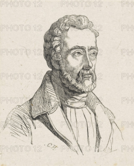 Portrait of Henry Scheffer, print, after drawing by anonymous, 1805 - c. 1908, printmaker, paper, wood engraving, height 66 mm x width 54 mm, Person, Henry Scheffer, historical persons, portrait, self-portrait of artist, A monochrome line drawing of a man shown from the chest up, facing slightly to the viewer's right, with wavy hair and a full beard rendered in fine crosshatching. He has a high forehead and detailed eyes with shaded eyelids and subtle lines around the nose and mouth. He wears a collared garment with layered fabric and a draped neckcloth, the folds and texture depicted with parallel and crosshatched lines. The background is plain, textured paper with small specks and faint imperfections. The drawing emphasizes linear shading and contour lines to define facial features, hair, and clothing.
