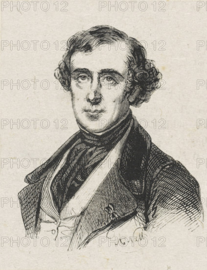 Portrait of Andreas Schelfhout, print, printmaker: Adolphe Frédéric Nett, after drawing by Coenraad Hamburger, 1832 - c. 1900, paper, wood engraving, height 65 mm x width 52 mm, Person, Andreas Schelfhout, historical persons, portrait, self-portrait of artist, self-portrait of painter, A black ink portrait of a man drawn on textured off-white paper showing his head and upper torso, with wavy hair styled away from the forehead and curling at the sides, arched eyebrows, deep-set eyes, a straight nose, and closed lips; he wears a high-collared shirt with a cravat or scarf tucked into a waistcoat and an outer coat rendered with crosshatching and fine linework.