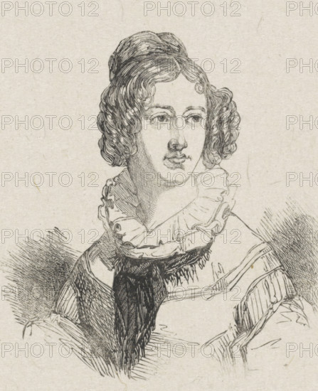 Portrait of Cornelia Scheffers-Lamme, print, printmaker: van Arum, after drawing by Coenraad Hamburger, 1819 - c. 1921, paper, wood engraving, height 78 mm x width 64 mm, Person, Cornelia Scheffer-Lamme, portrait, self-portrait of artist, historical persons - BB - woman, A black ink line drawing of a person from the chest up on a light textured background, showing a face with wavy hair styled up and curls at the sides, slightly arched eyebrows, detailed eyes looking off to the side, a straight nose, and closed lips; the figure wears a ruffled collar and layered clothing with visible folds and cross-hatched shading, and fine pen strokes indicate texture in the hair, garment, and surrounding area.