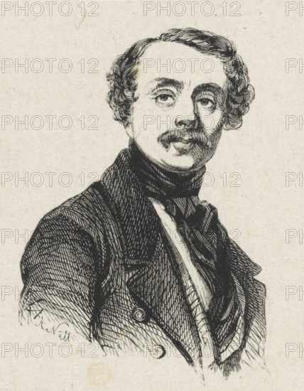 Portrait of Gustave Adolphe Simoneau, print, printmaker: Adolphe Frédéric Nett, after drawing by Gustave Adolphe Simonau, 1832 - c. 1900, paper, wood engraving, height 68 mm x width 53 mm, Person, historical persons, portrait, self-portrait of artist, A black ink line drawing of a man from the chest up on a pale textured background, showing a curly hairstyle, arched eyebrows, mustache, and a neutral mouth. He wears a high-collared coat with visible lapels and buttons, a scarf or cravat around his neck, and a vest beneath. The illustration uses crosshatching and fine lines for shading and texture, with the figure turned slightly to one side and the gaze directed forward.