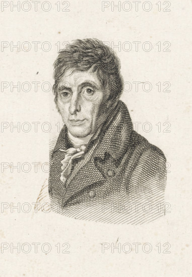 Portrait of Abraham van Strij, print, after drawing by Pieter Christoffel Wonder (possibly), 1790 - c. 1902, printmaker, paper, engraving, height 103 mm x width 81 mm, Person, Abraham van Strij (I), historical persons, portrait, self-portrait of artist, A monochrome engraved portrait of a man shown from the chest upward, featuring short, wavy hair and a solemn facial expression with detailed etched eyes, nose, and mouth; he wears a high-collared coat with visible lapels and buttons over a cravat or neck cloth, all rendered with fine crosshatching and line work on a textured, lightly speckled paper background.