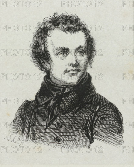 Portrait of the painter François Verheyden, print, printmaker: Adolphe Frédéric Nett, after drawing by François Verheyden, 1832 - c. 1900, paper, wood engraving, height 88 mm x width 71 mm, Person, historical persons, portrait, self-portrait of artist, self-portrait of painter, A black and white ink illustration of a person from the chest up, showing a head with curly hair, defined eyebrows, eyes looking slightly to the side, a straight nose, and lips. The person wears a high-collared garment with a tied neckerchief and a double-breasted coat with visible buttons and textured shading lines across the fabric. The background is plain and light in tone.