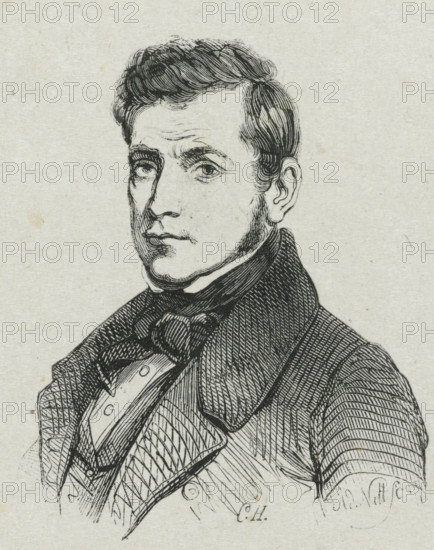 Portrait of Eugène Verboeckhoven, print, Portrait of the sculptor, painter and graphic artist Eugène Verboeckhoven., printmaker: Adolphe Frédéric Nett, after drawing by Eugène Verboeckhoven, 1832 - c. 1900, paper, wood engraving, height 87 mm x width 71 mm, Person, historical persons, portrait, self-portrait of artist, self-portrait of painter, self-portrait of sculptor, self-portrait or graphic artist, A black and white engraved portrait of a man shown from the chest upward facing slightly left, with short wavy hair, pronounced eyebrows, and a serious expression; he wears a high-collared shirt, a cravat tied at the neck, a waistcoat with buttons, and a coat with textured hatching; the background is plain textured paper.