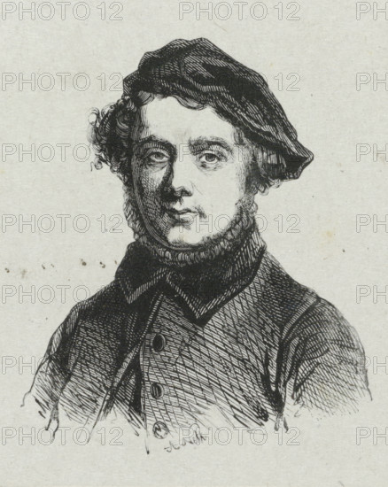 Portrait of the painter Charles Ferdinand Venneman, print, printmaker: Adolphe Frédéric Nett, after drawing by Charles Venneman, 1832 - c. 1900, paper, wood engraving, height 88 mm x width 71 mm, Person, historical persons, portrait, self-portrait of artist, self-portrait of painter, A monochrome ink drawing of a person shown from the chest up wearing a dark cap and a high-collared coat with visible buttons, the face rendered with fine line work showing short curly hair at the temples, expressive eyes looking forward, a straight nose, and a closed mouth, with textured shading on the cap, collar, and garment creating crosshatch patterns against a plain light background.