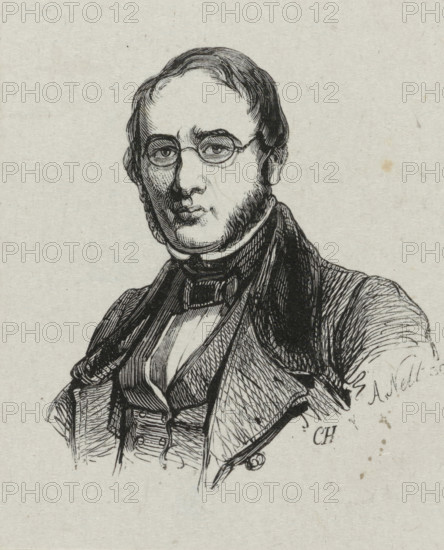 Portrait of André Benoit Barreau Taurel, print, Portrait of the engraver and etcher André Benoit Barreau Taurel., draftsman (artist): Adolphe Frédéric Nett, after drawing by Coenraad Hamburger, 1832 - c. 1900, draftsman (artist), paper, wood engraving, height 76 mm x width 63 mm, Person, Benoit Taurel, historical persons, portrait, self-portrait of artist, self-portrait of graphic artist, A black ink line drawing of a man from the chest up on a light textured background, showing a round-faced figure with short wavy hair and sideburns, small round eyeglasses, and a neutral expression; he wears a high-collared shirt, a bow or cravat at the neck, a waistcoat with visible buttons, and an overcoat with wide lapels rendered with crosshatching and parallel lines.