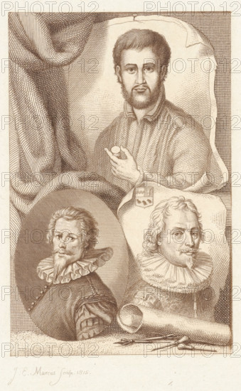 Portraits of Janus Secundus, Claes Abrahamsz. van Delft and Willem Jacobsz. Delff, print, Portraits of the humanist Janus Secundus and the artists Claes Abrahamsz. van Delft and Willem Jacobsz. Delff. In front of the portrait of the printmaker Delff lie burins, etching needles and a roll of paper., printmaker: Jacob Ernst Marcus, Amsterdam, 1815, paper, stippelets, etching, etching and stippelets in brown, height 231 mm x width 146 mm, Later state of the print used in: Roeland van Eynden, Adriaan van der Willigen, Geschiedenis der vaderlansche schilderkunst, sedert de helft der XVIII eeuw. Haarlem, A. Loosjes, Pz from vol. 3: Wed. A. Loosjes, 4 vols., 1816-40., Person, Willem Jacobsz Delff, Claes Abrahamsz. van Delft, Janus Secundus, A sepia-toned engraving shows three male portraits arranged within a single composition. At the top a bearded man faces forward, wearing a collared garment and holding a round object between his fingers, with drapery and a pinned backdrop behind him. Below...