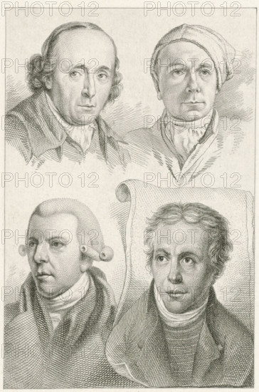 Portraits of Gerard van Nijmegen, Jacob Cats, Reinier Vinkeles and Dirk Langendijk, print, Portraits of the artists Gerard van Nijmegen, Reinier Vinkeles and Dirk Langendijk., printmaker: Jacob Ernst Marcus, Amsterdam, 1817, paper, etching, stippelets, etching and stippelets, height 219 mm x width 132 mm, Later state of the print used in: Roeland van Eynden, Adriaan van der Willigen, Geschiedenis der vaderlansche schilderkunst, sedert de helft der XVIII eeuw. Haarlem, A. Loosjes, Pz from vol. 3: Wed. A. Loosjes, 4 vols., 1816-40., Person, Reinier Vinkeles (I), Gerard van Nijmegen, Dirk Langendijk, A detailed engraved print shows four male bust portraits arranged in a two-by-two layout. The top left portrait depicts a man with a high forehead, receding hairline, and wavy hair at the sides, wearing a collared coat and a cravat. The top right portrait shows a man wearing a soft cap slouched to one side, with closely cropped hair and a layered collar and scarf. The lower left portrait feat...