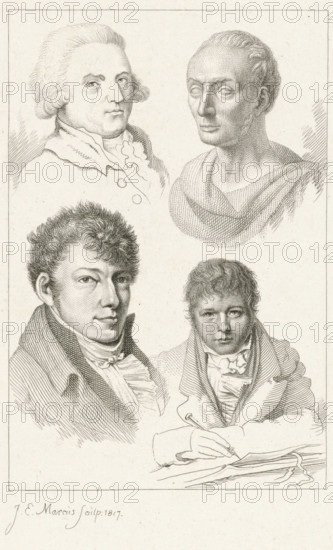 Portraits of JH Prins, J. Kuyper, WJ van Troostwijk and JP Visser Bender, print, Portraits of the artists Johannes Huibert Prins, Jacques Kuyper, Wouter Johannes van Troostwijk and Joannes Pieter Visser Bender., printmaker: Jacob Ernst Marcus, Amsterdam, 1817, paper, etching, stippelets, etching and stippelets, height 228 mm x width 133 mm, Later state of the print used in: Roeland van Eynden, Adriaan van der Willigen, Geschiedenis der vaderlansche schilderkunst, sedert de helft der XVIII eeuw. Haarlem, A. Loosjes, Pz from vol. 3: Wed. A. Loosjes, 4 vols., 1816-40., Person, Wouter Johannes van Troostwijk, Johannes Huibert Prins, Joannes Pieter Visser Bender, A monochrome engraved sheet shows four head-and-shoulder portraits arranged in a rectangular frame, each rendered with fine line work and dot shading. In the upper left is a man with powdered, curled hair, high collar, and a ruffled cravat, shown in three-quarter view with a composed expression. The upper right displays a bust with...