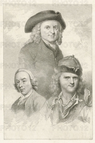 Portraits of Adam Silo, Jacobus Buys and Cornelis Pronk, print, Portraits of the artists Adam Silo, Jacobus Buys and Cornelis Pronk., printmaker: Jacob Ernst Marcus, Amsterdam, 1817, paper, etching, stippleets, etching and stipples, height 220 mm x width 133 mm, Later state of the print used in: Roeland van Eynden, Adriaan van der Willigen, Geschiedenis der vaderlansche schilderkunst, sedert de helft der XVIII eeuw. Haarlem, A. Loosjes, Pz from vol. 3: Wed. A. Loosjes, 4 vols., 1816-40., Person, Adam Silo, Cornelis Pronk, Jacobus Buys, A detailed engraved portrait shows three men with powdered, curled hair and period clothing; the largest figure is centered near the top wearing a broad-brimmed hat and a coat with visible buttons, his face turned slightly forward with a neutral expression and tightly curled hair framing his cheeks. Below him and to the left is a younger-looking man with smooth, curled hair, a high collar, and a composed expression, his shoulders draped in a coat with fi...