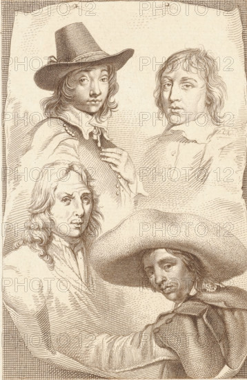 Portraits of Cornelis Visscher, Jan de Visscher, Richard Brakenburg and Quiringh Gerritsz. van Brekelenkam, print, Portraits of the artists Cornelis Visscher, Richard Brakenburg and Quiringh Gerritsz. van Brekelenkam., printmaker: Jacob Ernst Marcus, Amsterdam, 1815, paper, etching, stippleets, etching and stipples in brown, height 231 mm x width 144 mm, Later state of the print used in: Roeland van Eynden, Adriaan van der Willigen, Geschiedenis der vaderlansche schilderkunst, sedert de helft der XVIII eeuw. Haarlem, A. Loosjes, Pz from vol. 3: Wed. A. Loosjes, 4 vols., 1816-40., Person, Richard Brakenburg, Quiringh Gerritsz. van Brekelenkam, Cornelis Visscher (II), A detailed ink drawing of four men shown from the chest up arranged closely together, each with long hair and varied hats and collars. One man at upper left wears a wide-brimmed hat and a high collar with a row of small round buttons visible on his shoulder, his hand raised near his chest. To his right a man with tousled ha...