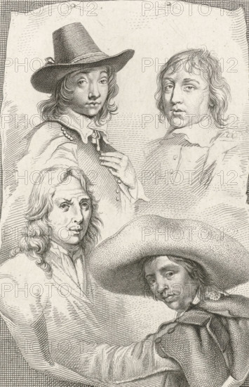 Portraits of Cornelis Visscher, Jan de Visscher, Richard Brakenburg and Quiringh Gerritsz. van Brekelenkam, print, Portraits of the artists Cornelis Visscher, Richard Brakenburg and Quiringh Gerritsz. van Brekelenkam., printmaker: Jacob Ernst Marcus, Amsterdam, 1815, paper, etching, stippelets, etching and stippelets, height 230 mm x width 144 mm, Later state of the print also used in: Roeland van Eynden, Adriaan van der Willigen, Geschiedenis der vaderlansche schilderkunst, sedert de helft der XVIII eeuw. Haarlem, A. Loosjes, Pz from vol. 3: Wed. A. Loosjes, 4 vols., 1816-40., Person, Richard Brakenburg, Quiringh Gerritsz. van Brekelenkam, Cornelis Visscher (II), A detailed black and white engraving of four men arranged in a close group, each shown from the shoulders up and rendered with fine crosshatching and stippling; one man near the top left wears a wide-brimmed hat with a ribbon, long wavy hair, a collared shirt, and a beaded accessory at the shoulder while his hand rests near h...
