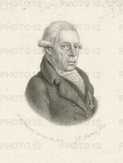 Portrait of Rhijnvis Feith, print, Portrait of the poet and lawyer Rhijnvis Feith., printmaker: Jacob Ernst Marcus, Amsterdam, after drawing by Hendrik Willem Caspari, 1818 - 1826, paper, etching, stippelets, etching and stippelets, proof print, height 144 mm x width 104 mm, Person, Rhijnvis Feith, A finely detailed engraved portrait of a man shown from the chest up looking toward the viewer, with a powdered wig featuring rolled side curls and short hair combed back, a high-collared coat with wide lapels and textured crosshatching, a ruffled neckcloth peeking out from the collar, and a decorative medal pinned near the coat opening; the image is rendered in delicate stippling and line work on a light, slightly textured paper background.
