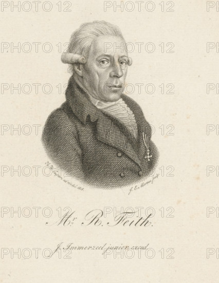 Portrait of Rhijnvis Feith, print, Portrait of the poet and lawyer Rhijnvis Feith., printmaker: Jacob Ernst Marcus, after drawing by Hendrik Willem Caspari, publisher: Johannes Immerzeel, Rotterdam, 1818 - 1826, paper, etching, stippelets, engraving, stippelets and gravure, height 144 mm x width 103 mm, Person, Rhijnvis Feith, A detailed black and white engraved portrait of a man shown from the chest up wearing a high-collared coat and a ruffled shirt, his hair styled back with rolled side curls, a small medal pinned to his coat, and a neutral facial expression with eyes looking slightly to the side, all on a light textured paper background.