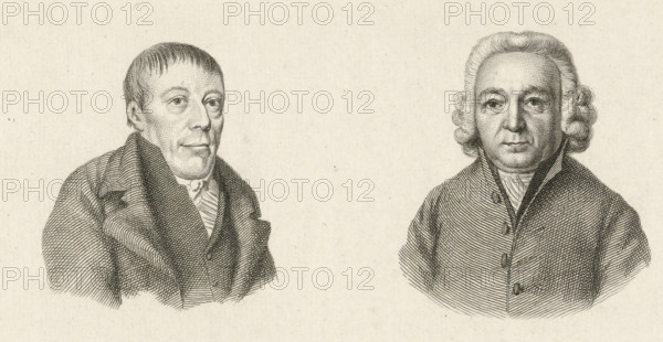 Portraits of Paulus van Hemert and Jean Henri van Swinden, Study print, Etudes engravées, print, Busts of the theologian Paulus van Hemert and the writer and mathematician Jean Henri van Swinden., :, FMP 5241-f, printmaker: Jacob Ernst Marcus, Amsterdam, after drawing by Hendrik Willem Caspari, 1814 - 1816, paper, etching, stippelets, etching and stippelets, proof print, height 102 mm x width 167 mm, Series first published by Jacob Ernst Marcus under the title Studiebeelden en Fragmenten. Amsterdam: ca.1816. Later republished as: Study print, Etudes gravées., Person, Jean Henri van Swinden, Paulus van Hemert, A sepia-toned engraving showing two male bust portraits facing forward on a textured paper background, one on the left with short straight hair, a high-collared coat folded over a scarf or cravat, and a lined, stippled face, and one on the right with curled, powdered-style hair, a buttoned coat with a high collar and a visible cravat, both rendered with fine parallel and cross-hat...