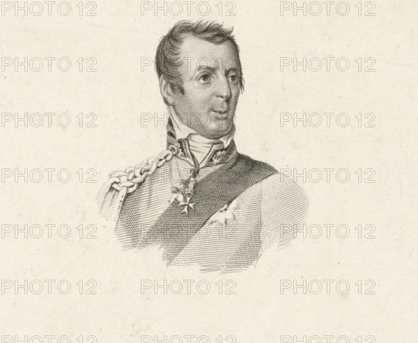 Portrait of Arthur Wellesley Wellington, Prince of Waterloo, print, printmaker: Jacob Ernst Marcus, Amsterdam, after painting by Rochard, 1815, paper, etching, stippelets, etching and stippelets, proof print, height 112 mm x width 180 mm, Etudes gravées. Amsterdam: S. de Grebber, 1826., Person, Arthur Wellesley of Wellington, A detailed monochrome engraving of an upper-body portrait showing a man turned slightly to his left, with short wavy hair and a high collared shirt; he wears a decorated uniform with a broad sash across his chest, ornate braided shoulder cords, and a pendant shaped like a star hanging from a ribbon, all rendered with fine crosshatching on a pale, textured paper background.
