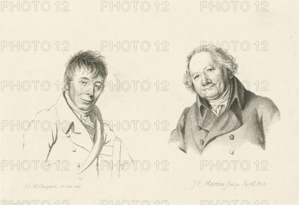 Portraits of Daniël Dupré and Christiaan Welmeer, Study print, Etudes gravées, print, Portraits of the artists Daniël Dupré and Christiaan Welmeer., printmaker: Jacob Ernst Marcus, Amsterdam, after drawing by Hendrik Willem Caspari, 1813-04, paper, etching, stippelets, etching and stippelets, height 124 mm x width 185 mm, Series first published by Jacob Ernst Marcus under the title Studiebeelden en Fragmenten. Amsterdam: ca.1816. Later reissued as: Study print, Etudes gravées., Person, Daniël Dupré, Christiaan Welmeer, Two seated men rendered in a fine line drawing, both shown from the chest up against a blank background; the man on the left has short tousled hair, a high-collared coat with visible buttons and a scarf or cravat around his neck, and he rests one arm on a chair back, his expression neutral; the man on the right has wavy hair combed back, a double-breasted coat with a high collar and a cravat, and he faces slightly toward the viewer with a calm expression, the shading and...