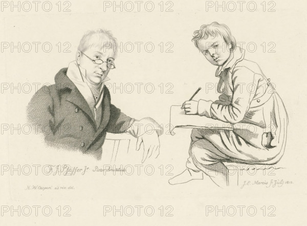 Drawing boy and the portrait of François Joseph Pfeiffer, Study print, Etudes gravées, print, Bust of the artist François Joseph Pfeiffer (II) leaning on the backrest of a chair and next to him an image of a seated, drawing boy., printmaker: Jacob Ernst Marcus, Amsterdam, after drawing by Hendrik Willem Caspari, 1815-07, paper, etching, stippelets, etching and stippelets, height 109 mm x width 174 mm, Series first published by Jacob Ernst Marcus under the title Studiebeelden en Fragmenten. Amsterdam: ca.1816. Later republished as: Study print, Etudes gravées., Person, François Joseph Pfeiffer (II), drawing, A monochrome line drawing of two seated figures facing slightly toward each other, one on the left wearing glasses and a high-collared coat with a patterned texture and clasped hands resting on an unseen surface, the other on the right depicted as a younger person holding a pencil and leaning over a flat board or book while seated on a simple bench, both rendered with fine crosshatc...