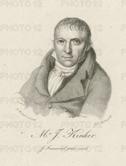 Portrait of Johannes Kinker, print, printmaker: Jacob Ernst Marcus, after drawing by Hendrik Willem Caspari, publisher: Johannes Immerzeel, Rotterdam, 1825, paper, etching, stippelets, engraving, stippelets and gravure, height 121 mm x width 101 mm, According to inscription on earlier state print also used in: Nederlandsche Muzen-Almanak. Seventh year. Rotterdam: J. Immerzeel, 1825., Person, Johannes Kinker, A detailed engraved portrait of a man shown from the chest up wearing a high-collared coat and a cravat, with short hair and a composed facial expression, rendered in fine parallel and cross-hatched lines on a light textured background.