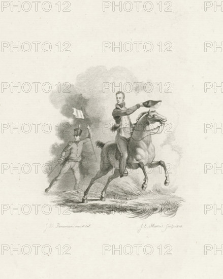 Prince of Orange on horseback, 1815, print, Willem Frederik George, Prince of Orange, on horseback, during the battle of Quatre-Bras, June 16, 1815. Behind the prince an officer with a banner without inscription., printmaker: Jacob Ernst Marcus, Amsterdam, after drawing by Jan Willem Pieneman, 1816, paper, etching, engraving, etching and engraving, height 236 mm x width 156 mm, Person, William II of the Netherlands, riding a horse, ass, or mule, rider, horseman, the soldier, the soldier's life (cavalry, horsemen), horse in motion, Battle of Quatre Bras, Brabant, Quatre-Bras, Period, 1815-06-16, A monochrome engraving of a man on a rearing horse with one arm extended holding a hat, the rider wearing a coat and breeches and looking outward, the horse depicted with raised front legs and visible bridle and reins, behind them a second man in a uniform holding a flagpole and a sword with clouds or smoke forming a backdrop, the foreground showing textured ground and brush strokes beneath the ...