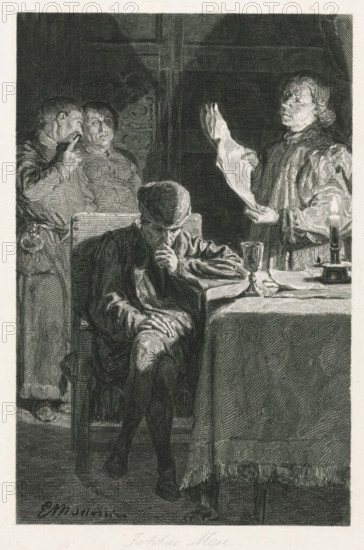 Louis XI at the Bastille, Louis XI in the Bastille, print, Louis XI in the Bastille in Paris, seated at a table by candlelight, his hand on his chin. Behind him three figures. Depiction of a scene from 'Notre-Dame de Paris' by Victor Hugo from 1931., inscription: 'engraving de commerce, Louis XI à la Bastille. Notre Dame de Paris, Victor Hugo', printmaker: Johannes de Mare (signed by artist), 1831 - 1889, paper, chine collé, pencil, steel engraving, steel engraving and pencil on chine collé, height 173 mm x width 189 mm, Print after a scene from: Hugo, Victor. Notre-Dame de Paris. Paris: Gosselin, 1931., Person, Victor Hugo, Louis XI (King of France), candle, Paris, Bastille, A monochrome etching shows an interior scene with four men. In the foreground a seated man leans forward with his head resting on one hand and the other hand on his knee, wearing a cap and heavy robe. To his right a table covered with a fringed cloth holds a goblet, papers, and a lit candle in a candlestick. Behin...