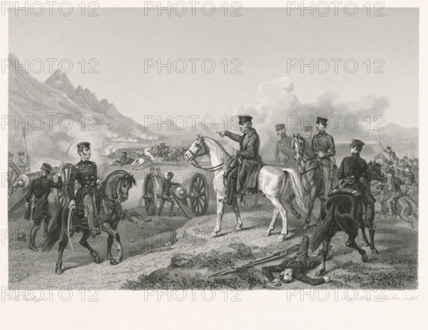 Battle, print, printmaker: Johannes de Mare, printmaker: J. Duthie, after painting by George William Henry Powell, 1816 - 1889, paper, chine collé, steel engraving, steel engraving on chine collé, height 226 mm x width 290 mm, firearms: cannon, A monochrome engraved scene shows uniformed soldiers and officers on horseback and on foot across a rocky plain with distant mountains and billowing clouds; a central officer on a light-colored horse points toward the battlefield where cannon, artillerymen, and mounted troops are engaged, smoke rising from firing; clustered groups of soldiers stand with rifles and bayonets while others handle a cannon and its wheels; several officers in dark uniforms and caps are mounted nearby, some facing forward and some turned toward the pointing officer; in the foreground a fallen soldier lies on the ground beside a discarded rifle and an officer sits astride a dark horse looking outward; the terrain features sparse grass, uneven ground, and a raised rocky ...