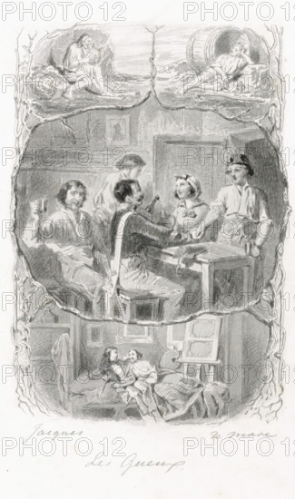 Les Gueux, Company around a table, print, A company (Geuzen) around a table: two men shaking hands, a woman and a man in conversation, and a man raising his glass to the viewer. Image surrounded by a cartouche of branches with three more scenes around it: top left a man with a harp, top right Diogenes by his barrel, and below a couple lying on a bench by paintings. Scene from a chanson by Pierre-Jean de Béranger., inscription: 'remained unfinished, Perrotin éditeur, chansons de Béranger', printmaker: Johannes de Mare (signed by artist), after design by Jacques (inventor), 1816 - 1889, paper, pencil, steel engraving, steel engraving and pencil, proof, height 257 mm x width 178 mm, Person, Pierre-Jean de Béranger, drinking, couple of lovers, table, (story of) Diogenes, the philosopher, A tall, narrow black and white engraving divided into three horizontal vignette scenes framed by entwined branches, with the top showing two separate cave-like openings each containing a reclining figure, ...