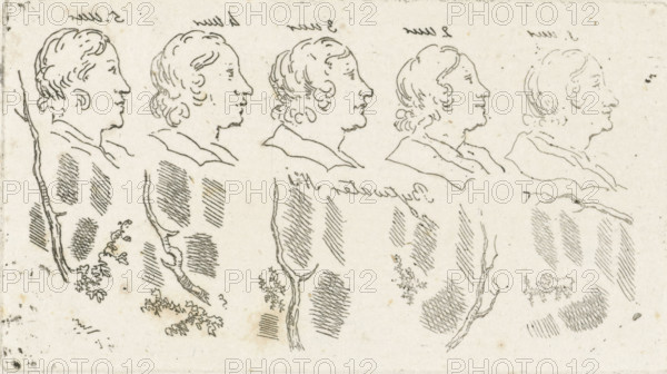 Study sheet with heads, branches and hatching, print, inscription: '5 o'clock, 4 o'clock, 3 o'clock, 2 o'clock, 1 o'clock', inscription: 'Bytwater no.1', printmaker: Anthonie Willem Hendrik Nolthenius de Man, Nijmegen, The Hague, 1803 - 1842, Anthonie Willem Hendrik Nolthenius de Man, paper, etching, height 46 mm x width 83 mm, head (human) (right side visible, right - (right hand, right foot, etc.)), A horizontal ink drawing on aged paper showing five similar profile portraits of a man facing right, arranged in a row, each rendered with simple contour lines depicting hair, forehead, nose, lips, chin, ear, and a suggestion of a collar and shoulder; beneath and between the portraits are short vertical and diagonal hatch marks and thin, irregular branch-like lines, along with small clusters of foliage-like scribbles, all in a monochrome pen-and-ink style on a textured, slightly speckled background.