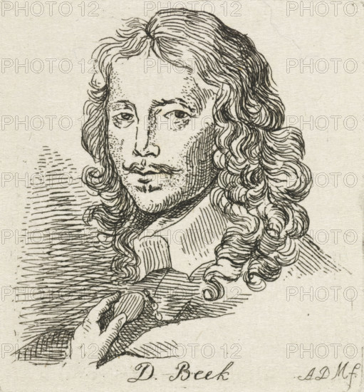 Portrait of a man, print, Bust facing left of an unknown man with long hair., printmaker: Anthonie Willem Hendrik Nolthenius de Man, Nijmegen, The Hague, after design by David Beck, 1803 - 1842, paper, etching, height 60 mm x width 55 mm, adult man, hairdress, A detailed ink drawing of a man shown from the chest up with long wavy hair that falls in ringlets around his shoulders, a narrow face with a mustache and small goatee, slightly downcast eyes and defined eyebrows, a collar visible at his neck, one hand raised holding an oval object, and textured background shading created with closely spaced lines.