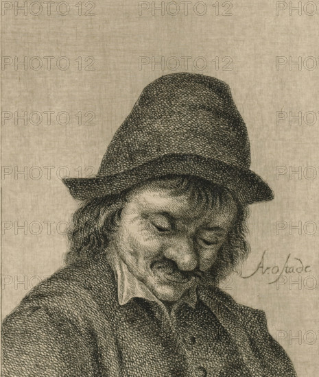 Looking down man with hat, print, printmaker: Pieter de Mare, Leiden, after design by Adriaen van Ostade, 1768 - 1796, paper, etching, intaglio printmaking technique, etching with plate tone, height 128 mm x width 101 mm, head-gear: hat (men's clothes), head (human), A detailed pen-and-ink portrait of a man shown from the chest upward, wearing a brimmed hat and a collared shirt under a textured coat, with long wavy hair falling to his shoulders and a mustache and beard, his head tilted slightly down and eyes closed, rendered in dense crosshatching on a plain textured background.
