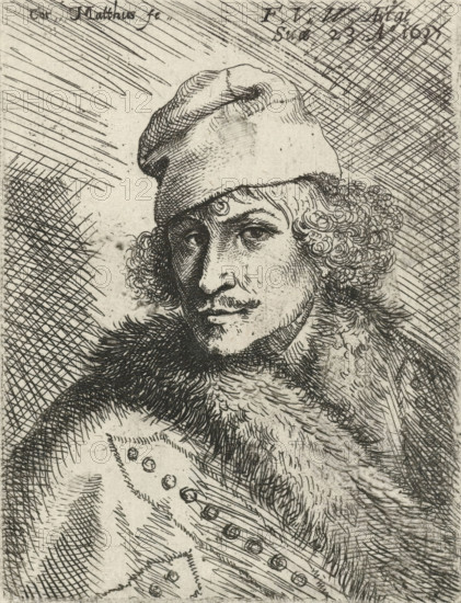 Portrait of Frans van den Wijngaerde, print, Portrait of printmaker and publisher Frans van den Wijngaerde at the age of 23 with a cap on his head., printmaker: Cornelis Matthieu, Antwerp, 1637, paper, etching, height 87 mm x width 66 mm, Person, Frans van den Wijngaerde, A black and white etched portrait of a person from the shoulders up wearing a soft cap and a heavy fur-lined garment, showing a three-quarter view of the face turned slightly right with curly hair peeking from under the cap, detailed etched lines forming expressive eyes, a straight nose, and a small mustache and beard, with dense crosshatched shading in the background and fine linear textures rendering the fur, fabric folds, and facial features.