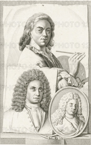Portraits of NN Roukens, Hendrik Soukens and Frans van Eynden, print, In the background the portrait of artist Hendrik Soukens with a palette and brush in his hand. Opposite it the portrait of artist Frans van Eynden. Next to it in an oval frame the portrait of metal engraver, draftsman and sculptor NN Roukens., Wurzbach 1, printmaker: Pieter van der Meulen, Amsterdam, publisher: Adriaan Pietersz. Loosjes (possibly), Haarlem, 1816, paper, stippelets, engraving, stippelets and engraving, proof print, height 223 mm x width 153 mm, Print possibly used in: Eynden, Roeland van, Adriaan van der Willigen. Geschiedenis der Vaderlandsche Schilderkunst, sedert de helft der XVIIIe eeuw. Haarlem: Adriaan Loosjes Pz, vol. 1, p. 332., Person, Hendrik Soukens, Frans van Eynden, NN Roukens, portrait, self-portrait of artist, An engraved composition showing three male portrait images arranged together: a larger bust of a man with long wavy hair turned slightly to the side, wearing a ruffled collar and ...