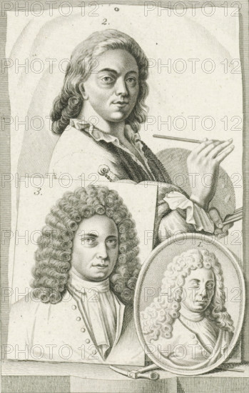 Portraits of NN Roukens, Hendrik Soukens, and Frans van Eynden, print, book illustration, In the background, the portrait of artist Hendrik Soukens with a palette and brush in his hand. Opposite this, the portrait of artist Frans van Eynden. Next to it, in an oval frame, the portrait of metal engraver, draftsman, and sculptor NN Roukens. The portraits are numbered: 1-3., printmaker: Pieter van der Meulen, Amsterdam, publisher: Adriaan Pietersz. Loosjes, Haarlem, 1816, paper, stippelets, engraving, stippelets and gravure, height 223 mm x width 153 mm, Print used in: Eynden, Roeland van, Adriaan van der Willigen. History of National Painting, since the middle of the 18th century. Haarlem: Adriaan Loosjes Pz, vol. 1, p. 332., Person, Frans van Eynden, NN Roukens, portrait, self-portrait of artist, A vertical engraved plate showing three portrait images arranged together: at the top a bust of a person with long wavy hair turned slightly to the viewer's left, wearing a ruffled collar and ho...