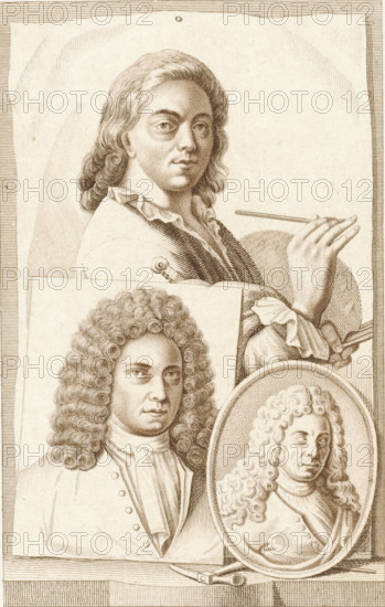 Portraits of NN Roukens, Hendrik Soukens and Frans van Eynden, print, In the background the portrait of artist Hendrik Soukens with a palette and brush in hand. Opposite it the portrait of artist Frans van Eynden. Next to it in an oval frame the portrait of metal engraver, draftsman and sculptor NN Roukens., printmaker: Pieter van der Meulen, Amsterdam, publisher: Adriaan Pietersz. Loosjes (possibly), Haarlem, 1816, paper, stippelets, print in brown, engraving, stippelets and engraving in brown, proof print, height 222 mm x width 151 mm, Print possibly used in: Eynden, Roeland van, Adriaan van der Willigen. History of National Painting, since the middle of the 18th century. Haarlem: Adriaan Loosjes Pz, vol. 1, p. 332., Person, Hendrik Soukens, Frans van Eynden, NN Roukens, portrait, self-portrait of artist, A sepia engraved composition showing three male portrait images arranged together: at the top a half-length figure with long wavy hair turned slightly to the viewer’s left, wearing ...