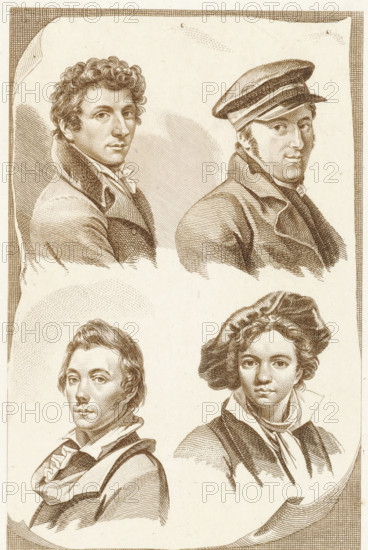 Four portraits of artists, print, Four portraits of artists., printmaker: Pieter van der Meulen, Amsterdam, publisher: Adriaan Pietersz. Loosjes (possibly), Haarlem, 1820, paper, etching, brown print, brown etching, proof print, height 244 mm x width 145 mm, Print possibly used in: Eynden, Roeland van, Adriaan van der Willigen. Geschiedenis der Vaderlandsche Schilderkunst, sedert de helft der XVIIIe eeuw. Haarlem: Adriaan Loosjes Pz (widow), vol. 3, p. 332., portrait, self-portrait of artist, A sepia-toned engraving showing four male bust portraits arranged in a two-by-two layout on a decorated sheet with a bordered edge; the top left portrait shows a man with short curly hair turned slightly to his right wearing a high-collared coat and cravat, the top right portrait shows a man in a flat cap turned slightly to his left wearing a coat with a turned-up collar, the bottom left portrait shows a younger-looking man with wavy hair and a scarf tucked into his coat facing slightly to his rig...