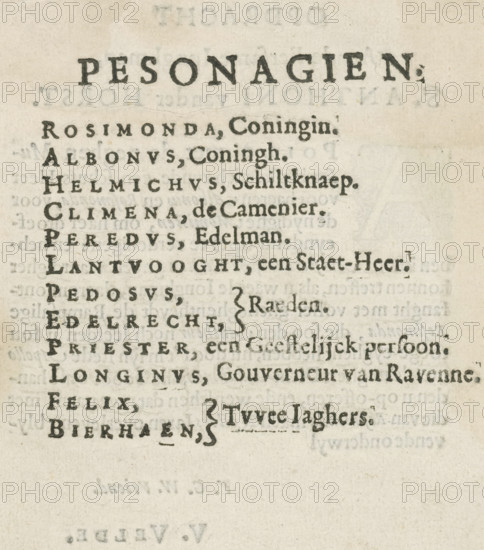 Text sheet from J. Struys, Albonus en Rosimonda treur-spel, 1631, text sheet, Text sheet with the list of characters for the tragedy Albonus en Rosimonda. On the verso the dedication of the book., publisher: Cornelis Willemsz Blaeu-Laken, Amsterdam, 1612 - 1655, paper, letterpress printing, text in letterpress on recto and verso, height 181 mm x width 127 mm, Page from: Struys, 1631., A close-up of aged paper showing several lines of printed serif text in dark ink, with a large bold heading centered near the top and multiple smaller lines of evenly spaced text below, some lines accompanied by decorative bracket-like marks; the paper has a yellowed, slightly textured appearance with faint bleed-through of reverse-side printing and small spots and creases.