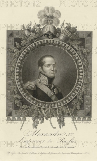 Portrait of Tsar Alexander I of Russia, print, Portrait of Alexander I, Tsar of Russia, dressed in a ring-collared coat, epaulets, and a sash. Bust facing right in a circular frame. The frame is topped with a helmet. Arrows, a quiver, and a bow are incorporated into the border decoration. At the bottom in the margin the title, birth and death dates of Tsar Alexander I in French., printmaker: Walraad Nieuwhoff, after design by Gerrit Jacobus Geusendam, publisher: W. Esser, Amsterdam, 1825 - 1827, paper, etching, engraving, etching and engraving, height 334 mm x width 240 mm, Person, Alexander I (Tsar of Russia), helmet, archer's weapons: bow and arrow, A finely detailed engraved portrait shows a man in a high-collared military uniform with decorative epaulettes and a sash across his chest, framed within an ornate circular wreath of laurel leaves and acanthus, surrounded by a patterned rectangular border; above the frame sit a plumed helmet, a quiver with arrows, and further foliage, whi...