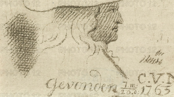 Portrait of Cornelis van Noorde, print, Portrait of the artist Cornelis van Noorde with a hat on his head. At the bottom the text: Found on 26. 6. 1765., printmaker: Cornelis van Noorde, Haarlem, 1765, paper, print drawing, crayon manner, etching in crayon manner, height 51 mm x width 65 mm, Person, A pencil sketch on aged paper showing a profile of a head with a prominent nose and chin rendered with short, closely spaced strokes, a shaded cap or hair across the forehead, loose wavy lines suggesting longer hair flowing down, a dense stippled patch of shading to the left, and faint ornamental flourishes and decorative marks near the lower edge.