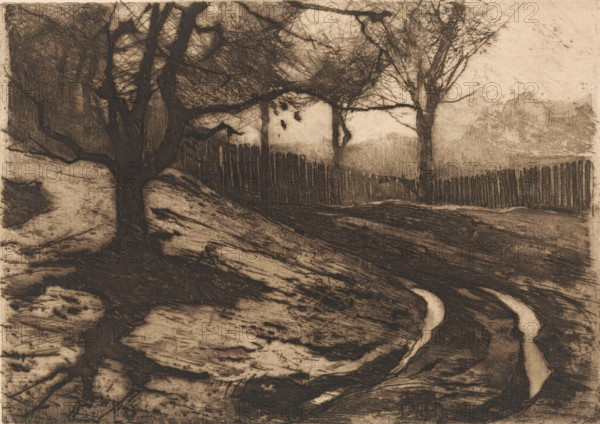 Landscape with trees and fence, print, printmaker: Willem Witsen, Ewijkshoeve (Den Dolder), 1887, Den Dolder, paper, etching, intaglio printmaking technique, drypoint, height 139 mm x width 199 mm, landscapes in the temperate zone, fence, wall, paling, trees, A monochromatic landscape sketch shows a foreground of textured ground with swirling, striated patterns and two pale, winding channels cutting through it, leading toward a midground with a large, dark tree trunk and exposed roots on the left and a fence of vertical slats stretching across the scene, partially obscured by tangled, leafless branches of several trees whose bare limbs form a dense network against a lighter sky, with softer, shaded forms suggesting distant foliage on the right.
