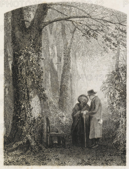 Elderly couple in a forest, print, An elderly couple stands in a forest with a stick. The capital letter 'E' with a circle is scratched into the bark of the tree on the left. A chair stands in front of the tree., printmaker: Willem Frederik Wehmeyer, Amsterdam (possibly), after drawing by Charles Rochussen, 1834 - 1854, paper, etching, engraving, steel engraving and etching, height 172 mm x width 111 mm, old woman, couple of lovers, chair, old man, forest, wood (landscape with figures, staffage), A densely detailed black and white illustration of a wooded scene with tall trees and intertwining branches forming a canopy, textured bark and foliage filling much of the composition, a simple wooden bench beside a large trunk, and two elderly figures standing near the bench in long coats and hats, one leaning on a walking stick while the other faces them, all rendered with fine linework and stippling.