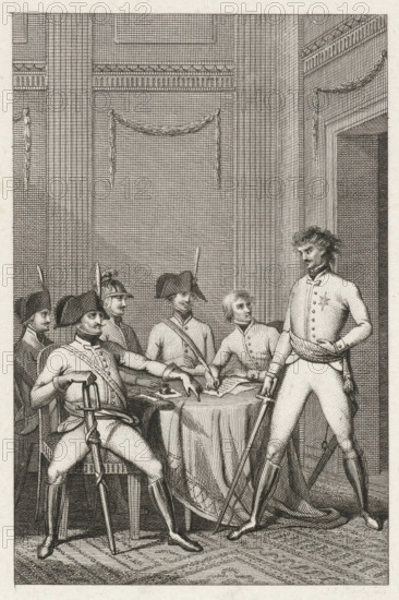 Officers in an interior, print, Five officers in an interior, seated around a table. A sixth officer stands with his sword in hand by the doorway., printmaker: Jacob Ernst Marcus, Amsterdam, after drawing by P. Humbert, 1801, paper, etching, stippelets, etching and stippelets, proof print, height 200 mm x width 121 mm, Later state of the print possibly used in: FW Ziegler, De lauwerkrans, of Het autoriteit der wetten : tooneelspel. Amsterdam: Wed. J. Dóll, 1801., meeting of soldiers and, or officers, An engraved scene showing a group of men in historical military-style clothing gathered around a table in a room with tall paneled walls and decorative garlands. Several seated men wear bicorne hats and uniforms with sashes and buttons, one seated figure holds a sword with its tip on the floor and rests an arm on the table, while another seated figure leans forward, pointing at papers on the covered table. A standing man in a decorated coat and boots faces the seated group with one hand on...