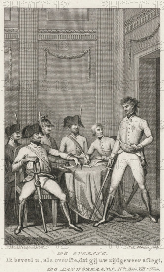 The Colonel, Officers in an Interior, print, book illustration, Five officers in an interior, seated around a table. A sixth officer stands with his sword in hand by the doorway. Marked lower right: IVth Commandment VIIIth Commandment, printmaker: Jacob Ernst Marcus, Amsterdam, after drawing by P. Humbert, publisher: widow Jan Dóll (possibly), 1801, paper, etching, stippelets, etching and stippelets, height 200 mm x width 121 mm, Print possibly used in: FW Ziegler, The Laurel Wreath, or The Authority of the Laws: play. Amsterdam: Wed. J. Dóll, 1801., meeting of soldiers and, or officers, An engraved interior scene shows a group of uniformed men gathered around a draped table beneath high paneled walls with decorative garlands; several seated figures wear bicorne hats and boots and hold swords while one stands to the right in a decorated coat with a sash and hand resting on a sword, and another seated figure leans forward pointing at papers on the table as others look on.