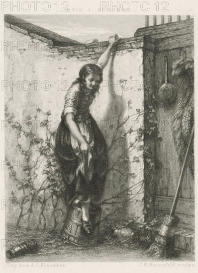 Young woman with a letter, print, A young woman stands on a barrel by a wall. She hands a letter to someone standing on the other side of the ivy-covered fence., printmaker: Johann Heinrich Maria Hubert Rennefeld, Amsterdam, after design by Hein Burgers, publisher: Arie Cornelis Kruseman, 1755 - 1877, paper, steel engraving, height 178 mm x width 114 mm, letter, envelope, fenced or walled garden, 'Hortus Conclusus', plants and herbs: ivy, A monochrome engraving shows a young woman standing on a wooden bucket inside a walled courtyard, one hand holding the top of the wall for balance while the other hand holds a piece of cloth; she wears a simple dress with rolled sleeves and her hair falls in loose waves. Vines climb the plastered wall behind and beside her, and a narrow doorway with wood paneling and a hanging round object is visible to the right. A broom with a tied straw head leans near the doorway, and another small wooden pail lies on the ground; textured shading and fine etching ...